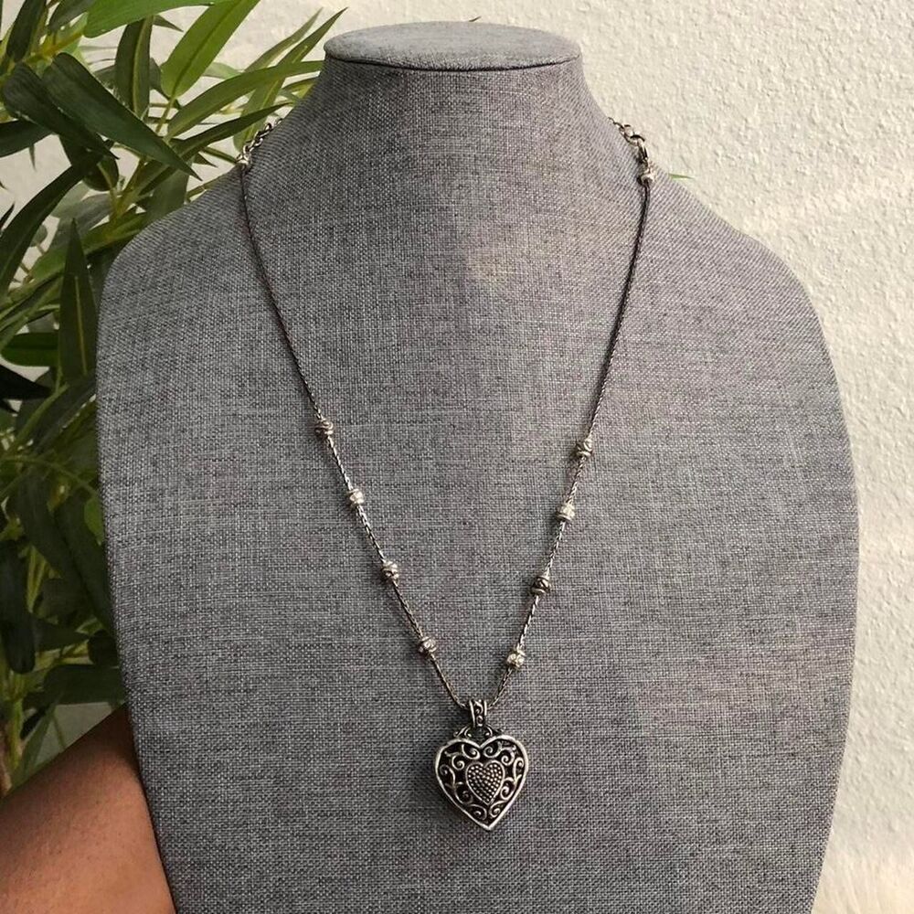 Y2K Brighton Reno Silver Tone Heart Charm Pendant Bead Necklace Gothic Whimsygot
